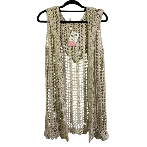 POL Sweater Small Lace Open Crocheted Weave Hooded Rosette Border Open Front - Picture 1 of 12